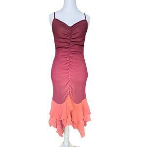 Betsey Johnson Ombre Ruched Slip Dress Pink Burgundy Ruffle Hem Y2K Size S